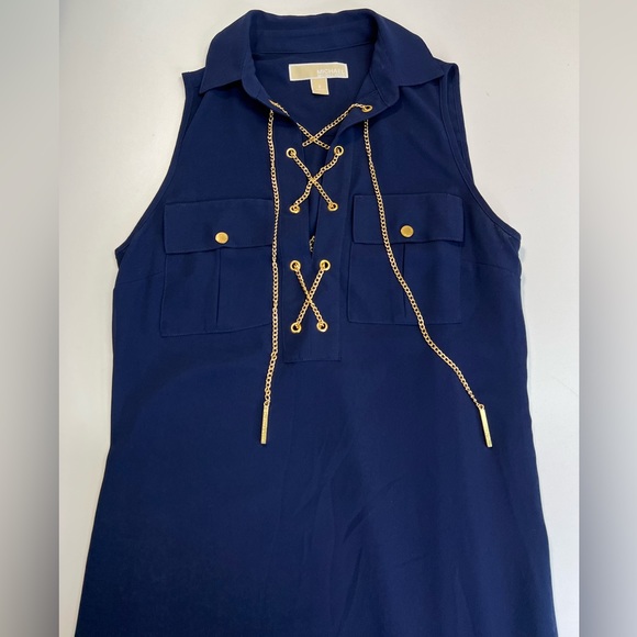 Micheal Kors Navy Sleeveless Maxi Dress With Chain Lace Up Neckline - Picture 4 of 16